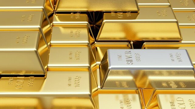 Silver bullion moves across a dense stack of gleaming gold bars, highlighting precious metals, wealth and investment value in a close-up 3D render