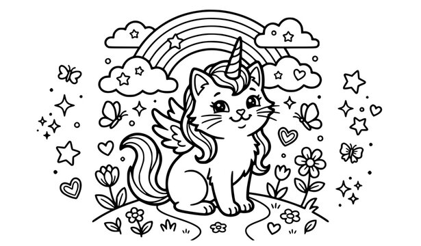 Cute Caticorn Coloring Page for Kids Adorable Cat Unicorn Printable Vector Line Art