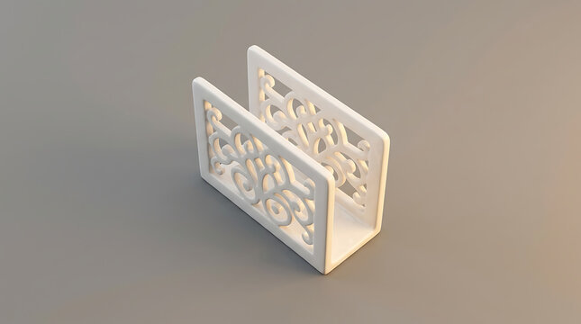 Elegant White Napkin Holder with Intricate Scrollwork Design on a Neutral Background