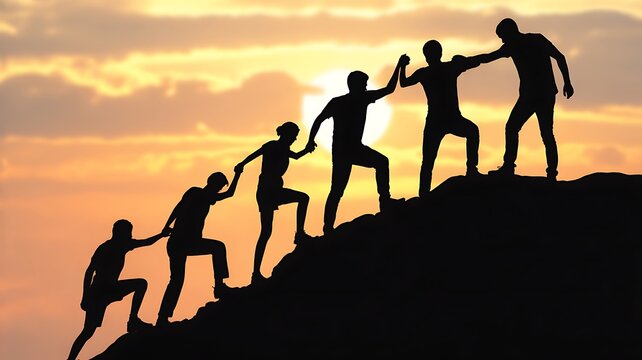 People helping each other climb a mountain at sunset