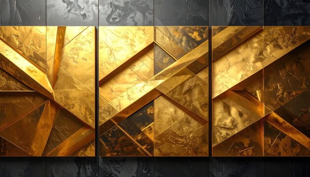 Abstract geometric 3D gold and black wall art panels