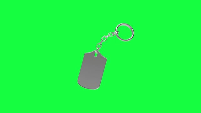Rotating silver dog tag keychain with chain and ring on a bright green chroma key background, shown from multiple angles in a clean 3D render