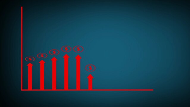 Red Bar Graph Illustrating Financial Growth with Upward Arrows and Dollar Signs on a Teal Gradient Background Representing Economic Progress and Investment Returns