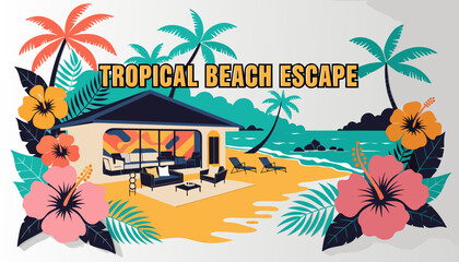 Very beautiful realistic vector illustration of a TROPICAL BEACH BUNGALOW featuring a bold décor label reading "TROPICAL BEACH ESCAPE", luxury beachfront bungalow surrounded by vibrant hibiscus flower © ehsanollah