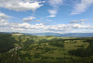 Fototapeta premium Panoramic landscape view of Zilina region, rolling green hills and countryside, Slovakia