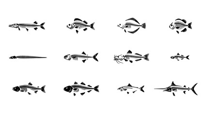 Fototapeta premium Fish Vector Illustrations in Black and White Showcasing Various Species and Styles Featuring Illustration, Aquatic, Marine