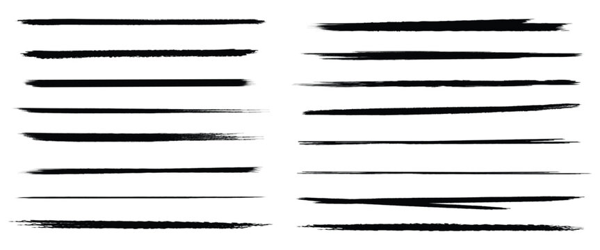 Collection of thin black paint brush strokes. These horizontal ink lines serve as minimal page dividers, text underlines, and distressed borders.