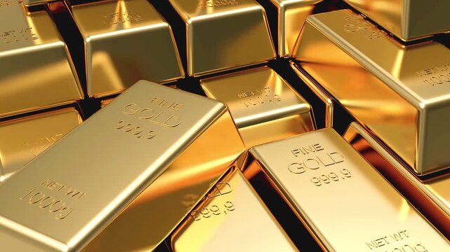 Close-up movement across stacked shiny gold bullion bars with engraved purity and weight markings, highlighting wealth, precious metal value, and investment themes in 3D render