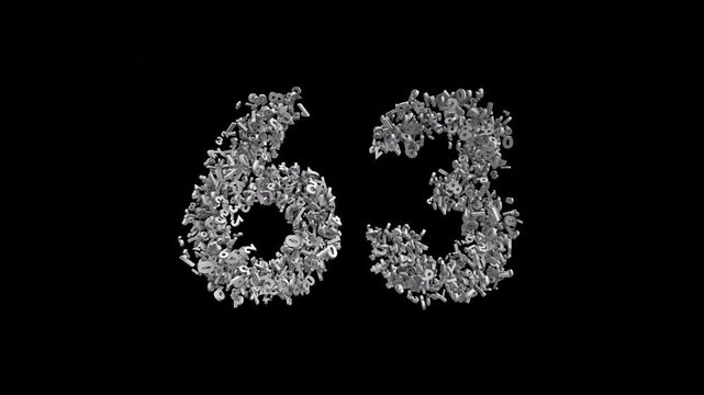 Number 63 Formed by Small Digits Animation with Alpha Channel. Typographic Number Formation Effect. Digital Number Made of Numbers. 3D Font Typographic Animation. Transparent BG