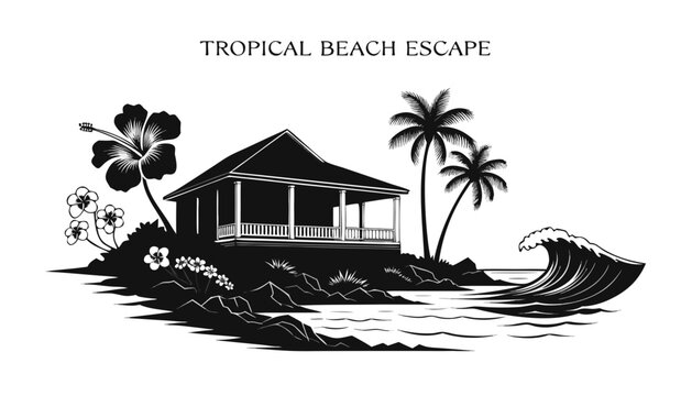 Very beautiful black and white realistic vector illustration of a TROPICAL BEACH BUNGALOW featuring a bold d&eacute;cor label reading "TROPICAL BEACH ESCAPE", engraved beach cottage, palm trees, tropical flo