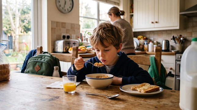 Young boy eating cereal for breakfast in a sunlit kitchen with mother in background
