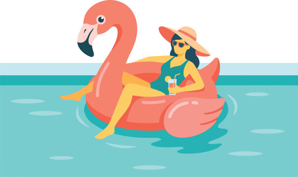 Relaxing woman on flamingo floatie enjoying a sunny day with drink at the pool with wearing sunglasses sun hat lounging flamingo float bright sunny background holding drink outdooractivity rest
