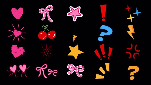 Hand Drawn Cute Sparkle Heart Symbol Animated Overlay Pack Transparent Background