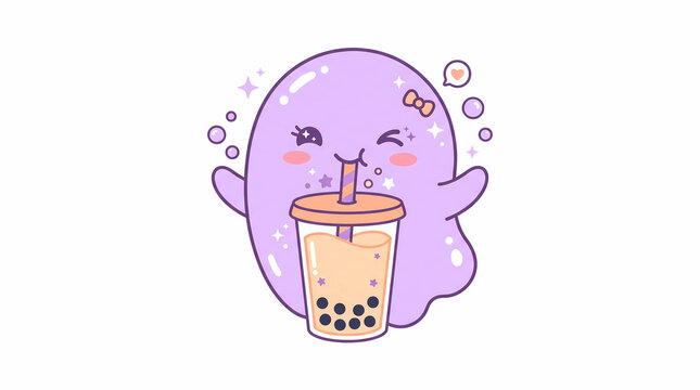 Kawaii style cute happy ghost drinking boba tea, pastel Halloween flat vector illustration
