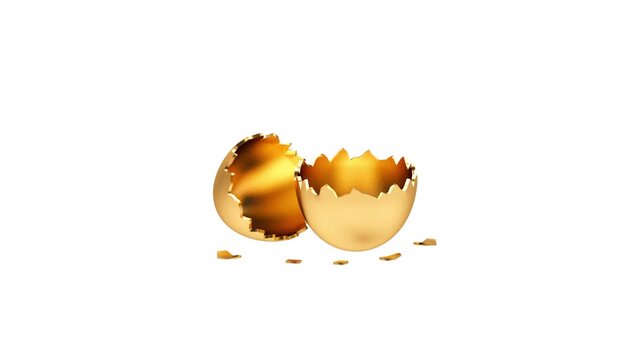 Shiny broken golden eggshell halves with small scattered fragments rest on a white background in a minimal looping 3D render, 3D animation