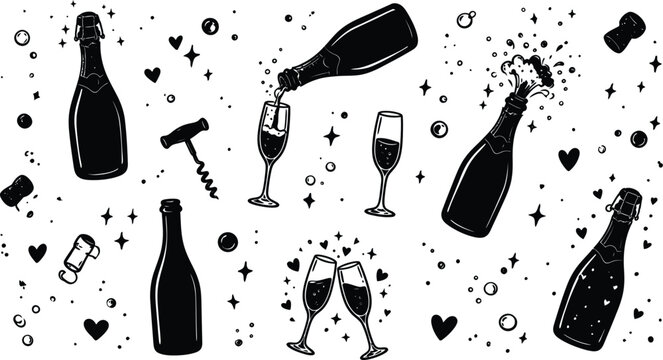 Seamless pattern with wine bottles, glasses, and celebration elements, black silhouette vector background.