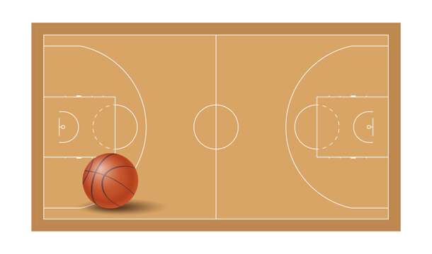 Basketball court floor with ball and detailed line markings and texture, top view of arena field for sports graphics, stadium design projects, athletic venue background. Vector basketball field layout