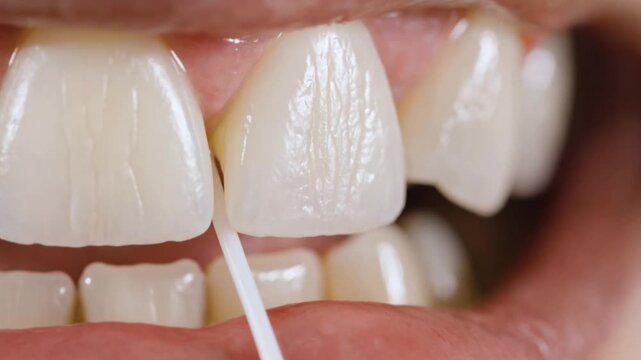 Close up of mouse and lips flossing dental tooth 