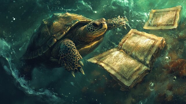 Ancient turtle swims with mystical books