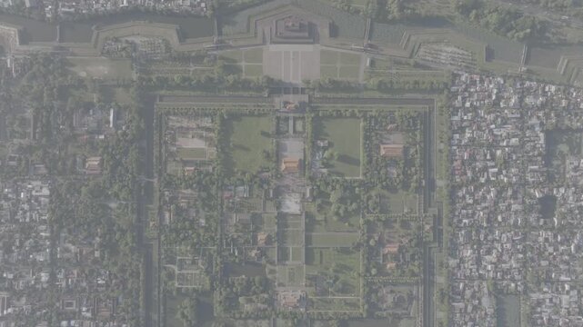 Aerial drone view of Hue Imperial Citadel featuring Ngo Mon Gate, Thai Hoa Palace and Kien Trung Palace, showcasing Vietnam's UNESCO royal heritage, ancient architecture and cultural landmark.