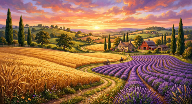 Tuscan landscape illustration with lavender fields and wheat farm, scenic countryside sunset over rolling hills, rural farm house vector art