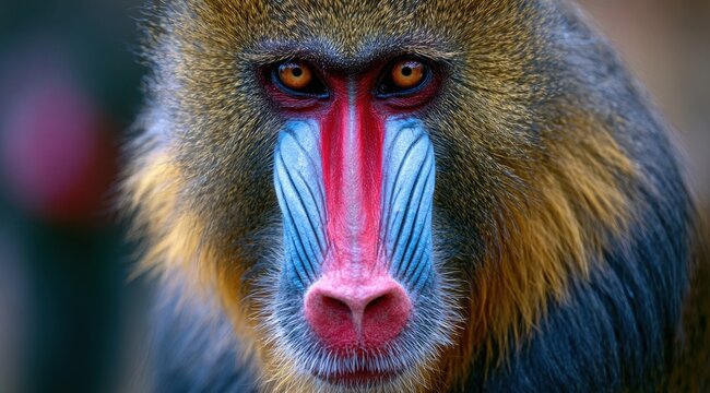 Mandrill face closeup with vibrant blue and red markings on its snout