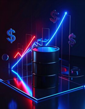 A black oil barrel sits amid glowing neon charts and dollar signs, evoking a dramatic sense of market volatility and rising energy costs in a sleek and modern style. Nobody.