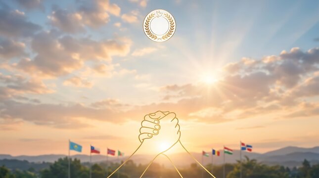 Hands joined in a gesture of unity and global solidarity featuring a peace dove emblem and world flags under a bright golden sunrise sky for International Day of Peace conceptual banner design