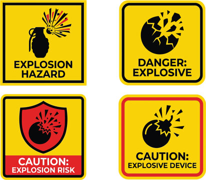 Set of four yellow square safety signs with explosion hazard and explosive device symbols