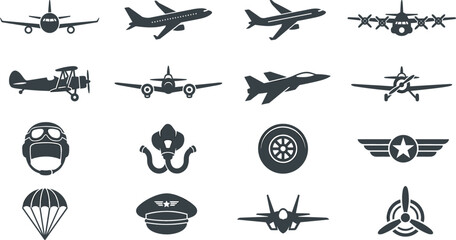 Aviation and Military Airplane Silhouette Icon Set with Commercial Aircraft Fighter Jets Propellers Pilot Badges and Airforce Transportation Symbols for Graphic Designs © ovi
