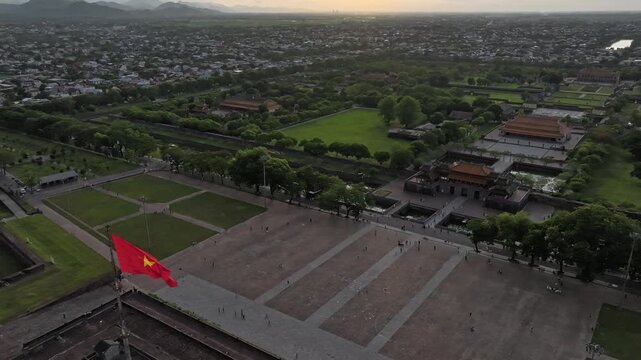 Aerial drone view of Hue Imperial Citadel featuring Ngo Mon Gate, Thai Hoa Palace and Kien Trung Palace, showcasing Vietnam's UNESCO royal heritage, ancient architecture and cultural landmark.