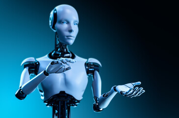Fototapeta premium Humanoid Robot Showing Empty Space for Digital Innovation Presentation