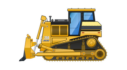 Fototapeta premium Bulldozer side view vector illustration featuring a heavy construction vehicle with clean vector shapes, bold strokes, smooth gradients, and linear shading isolated on transparent background