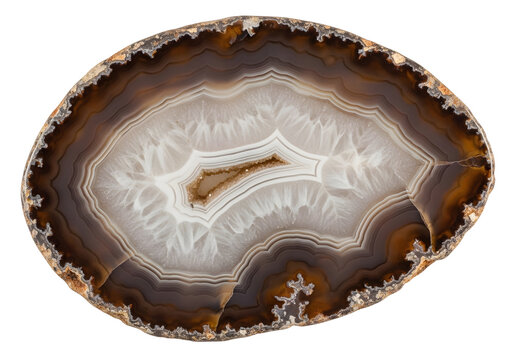 Stunning agate slice with banded patterns isolated on white background