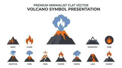 Volcano Icon Set: Eruption, Lava, Flame, Summit, Basic, Geometric, Crater - Flat Vector © kiarev