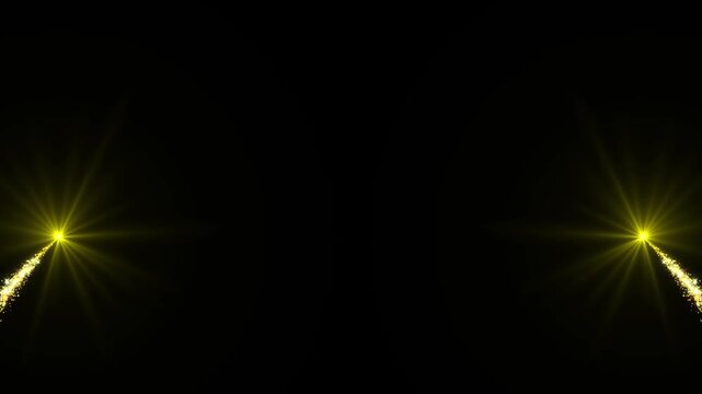 Glowing golden glitter light tail animation with sparkling comet trace, magical particles, twinkling stars, smooth light transition, black screen background in ultra HD 4K.