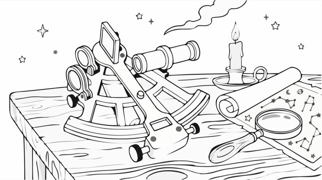 Black and White Coloring Page of an Old-Fashioned Brass Sextant, Telescope, Candle, Magnifying Glass, and Star Chart on a Wooden Table, Celestial Navigation Theme Vector Illustration