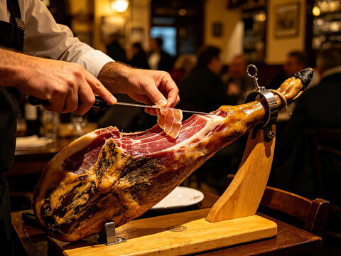 Professional waiter slicing thin pieces of traditional Spanish Jamon Iberico ham from a leg on a wooden stand in a cozy warm restaurant bar atmosphere.