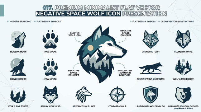Minimalist Wolf Icon Set: Negative Space, Flat Design, Vector Graphics