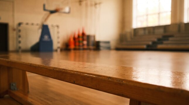Polished wooden floor and bleachers in a quiet, empty sports hall, with a basketball hoop visible in the background.