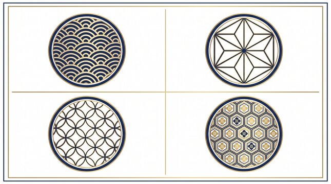 Set of four Japanese geometric Seigaiha and Asanoha crest icons isolated on white background