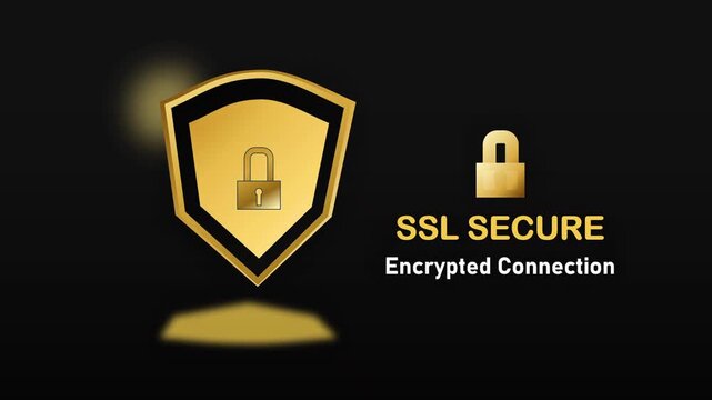 Golden Shield SSL Secure Lock Animation with Encrypted Connection on Black Background