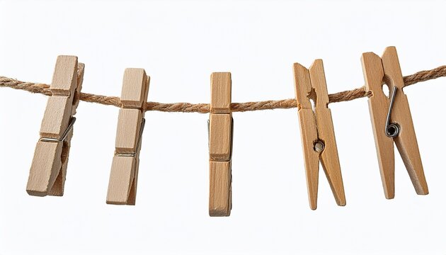 Wooden Clothespins On A Rope On A White Background Isolate