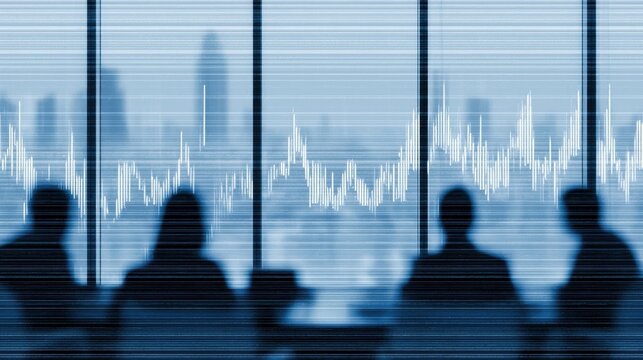 Silhouetted professionals observing financial data on large screen in office setting