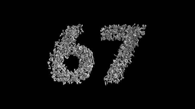 Number 67 Formed by Small Digits Animation with Alpha Channel. Typographic Number Formation Effect. Digital Number Made of Numbers. 3D Font Typographic Animation. Transparent BG