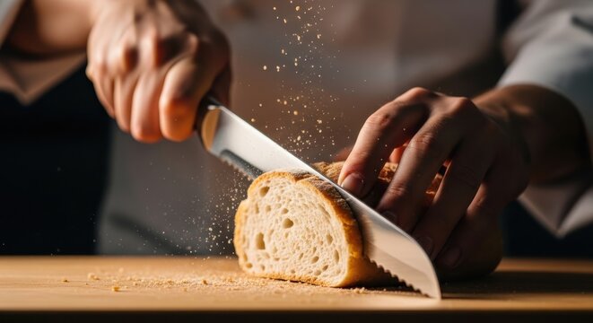 Artisanal bread preparation baker's hands skillfully slice a crusty loaf with a sharp knife creating perfect portions for delicious meals and culinary creations.