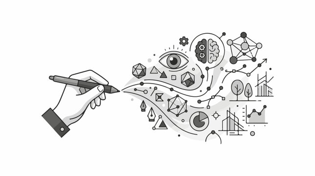 Stylized hand drawing a stream of concepts including an eye brain and charts