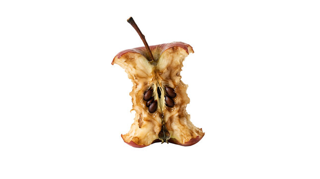 A single bitten red apple core with visible brown seeds and a stem isolated on a white background, representing food waste and consumption