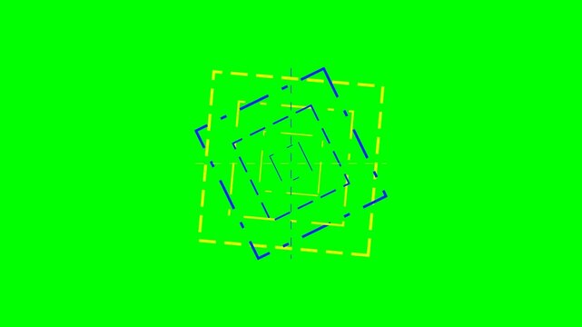 Abstract geometric pattern with blue and yellow dashed square lines on green
