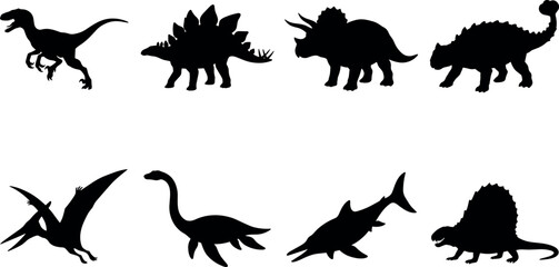 Obraz premium Prehistoric Creature Silhouettes Featuring Dinosaurs, Pterosaurs, and Marine Reptiles
